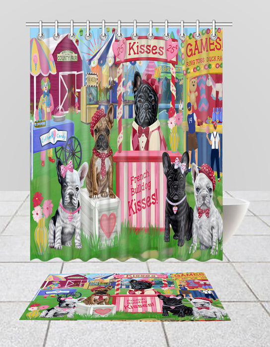 Carnival Kissing Booth French BullDogs  Bath Mat and Shower Curtain Combo