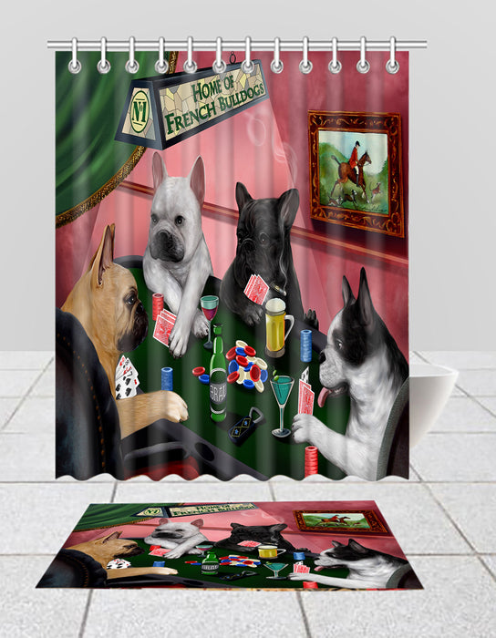 Home of  French Bulldog Dogs Playing Poker Bath Mat and Shower Curtain Combo