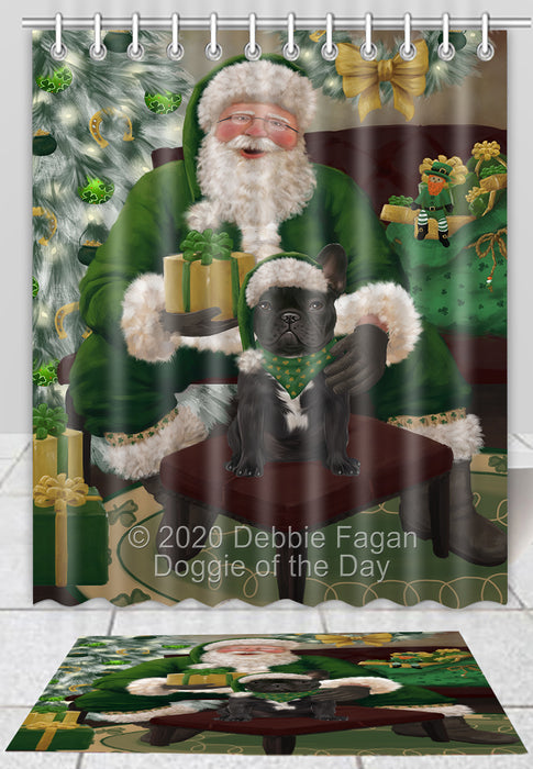 Christmas Irish Santa with Gift French Bulldog Bath Mat and Shower Curtain Combo