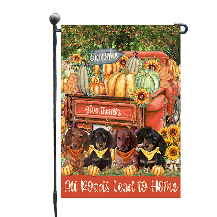 All Roads Lead to Home Orange Truck Harvest Fall Pumpkin Dachshund Dog Garden Flag