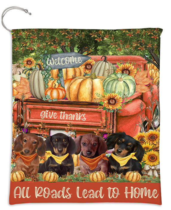 All Roads Lead to Home Orange Truck Harvest Fall Pumpkin Dachshund Dogs Drawstring Laundry or Gift Bag