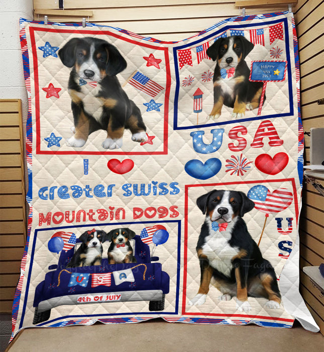 4th of July Independence Day I Love USA Greater Swiss Mountain Dogs Quilt Bed Coverlet Bedspread - Pets Comforter Unique One-side Animal Printing - Soft Lightweight Durable Washable Polyester Quilt