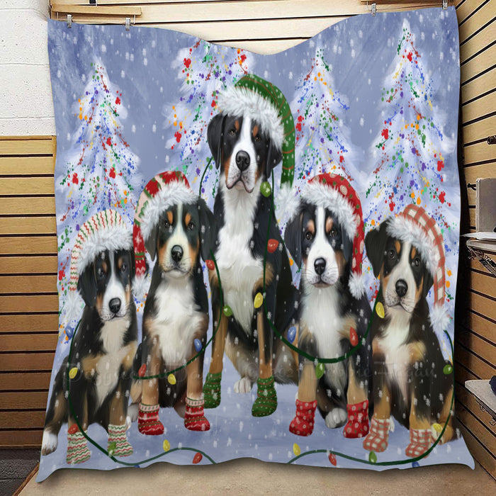 Christmas Lights and Greater Swiss Mountain Dogs  Quilt Bed Coverlet Bedspread - Pets Comforter Unique One-side Animal Printing - Soft Lightweight Durable Washable Polyester Quilt