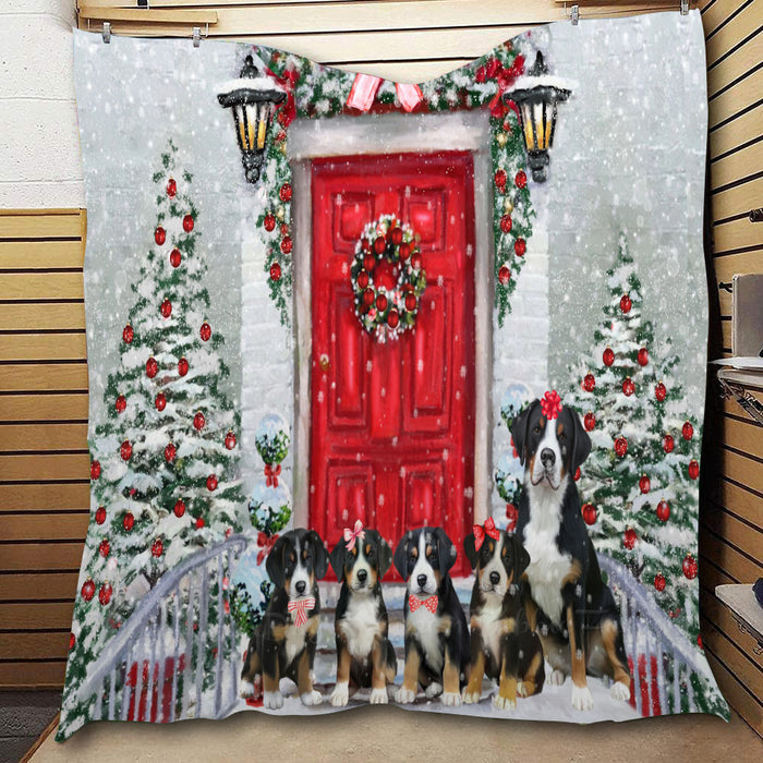 Christmas Holiday Welcome Greater Swiss Mountain Dogs  Quilt Bed Coverlet Bedspread - Pets Comforter Unique One-side Animal Printing - Soft Lightweight Durable Washable Polyester Quilt