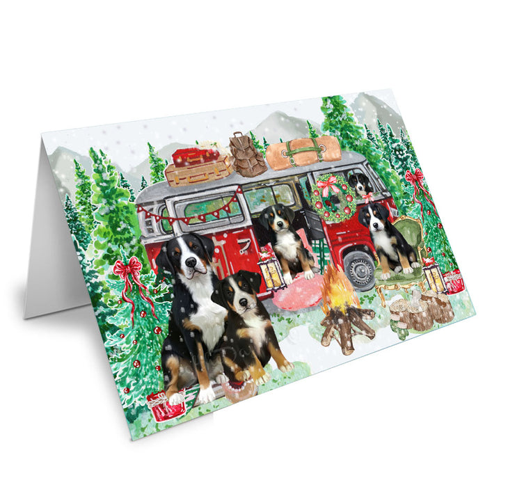 Christmas Time Camping with Greater Swiss Mountain Dogs Handmade Artwork Assorted Pets Greeting Cards and Note Cards with Envelopes for All Occasions and Holiday Seasons
