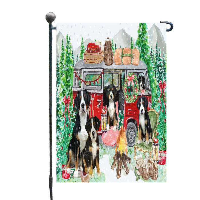 Christmas Time Camping with Greater Swiss Mountain Dogs Garden Flags- Outdoor Double Sided Garden Yard Porch Lawn Spring Decorative Vertical Home Flags 12 1/2"w x 18"h