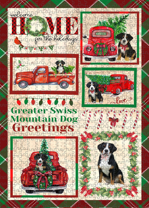 Welcome Home for Christmas Holidays Greater Swiss Mountain Dogs Portrait Jigsaw Puzzle for Adults Animal Interlocking Puzzle Game Unique Gift for Dog Lover's with Metal Tin Box