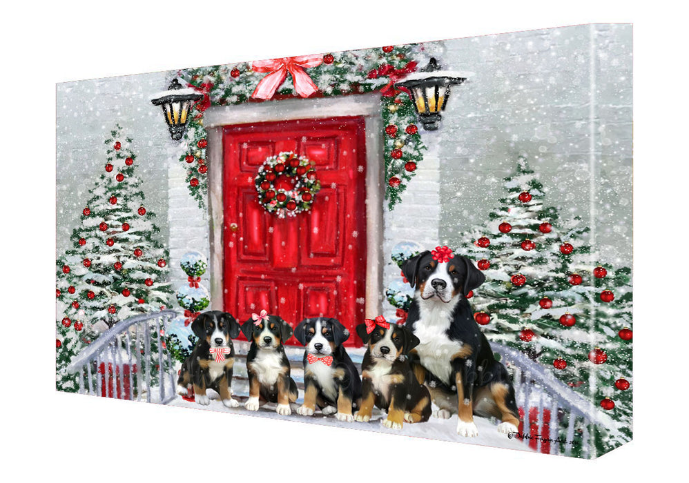 Christmas Holiday Welcome Greater Swiss Mountain Dogs Canvas Wall Art - Premium Quality Ready to Hang Room Decor Wall Art Canvas - Unique Animal Printed Digital Painting for Decoration