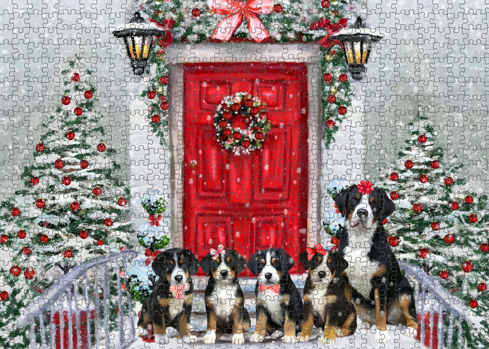 Christmas Holiday Welcome Greater Swiss Mountain Dogs Portrait Jigsaw Puzzle for Adults Animal Interlocking Puzzle Game Unique Gift for Dog Lover's with Metal Tin Box