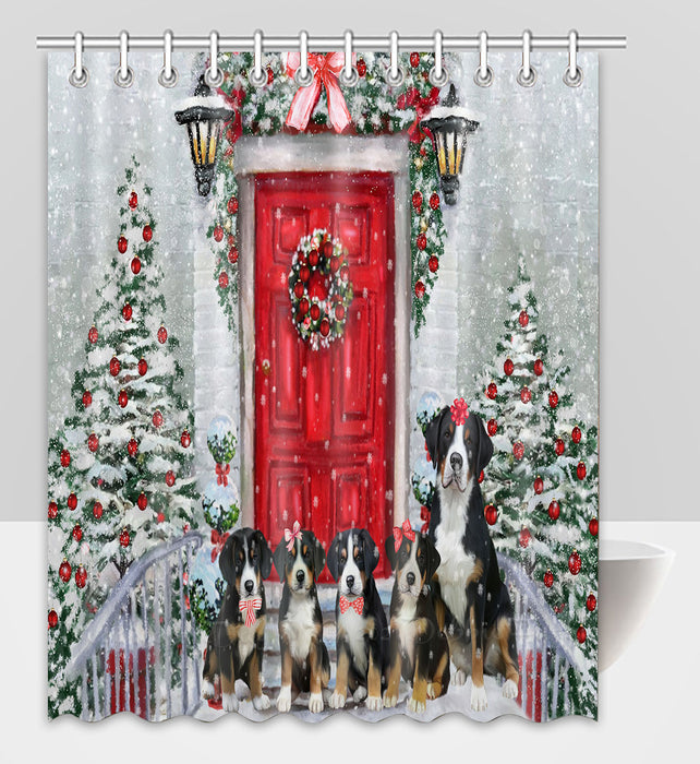 Christmas Holiday Welcome Greater Swiss Mountain Dogs Shower Curtain Pet Painting Bathtub Curtain Waterproof Polyester One-Side Printing Decor Bath Tub Curtain for Bathroom with Hooks