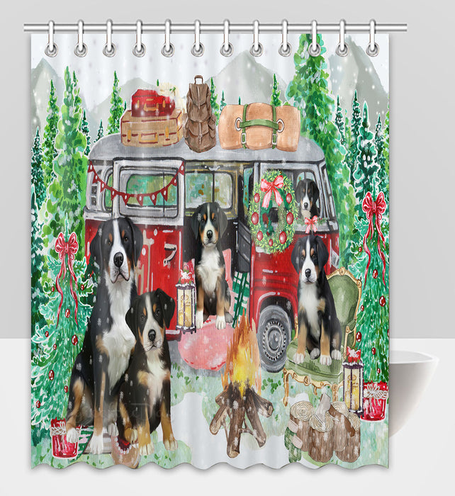 Christmas Time Camping with Greater Swiss Mountain Dogs Shower Curtain Pet Painting Bathtub Curtain Waterproof Polyester One-Side Printing Decor Bath Tub Curtain for Bathroom with Hooks