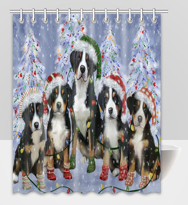 Christmas Lights and Greater Swiss Mountain Dogs Shower Curtain Pet Painting Bathtub Curtain Waterproof Polyester One-Side Printing Decor Bath Tub Curtain for Bathroom with Hooks