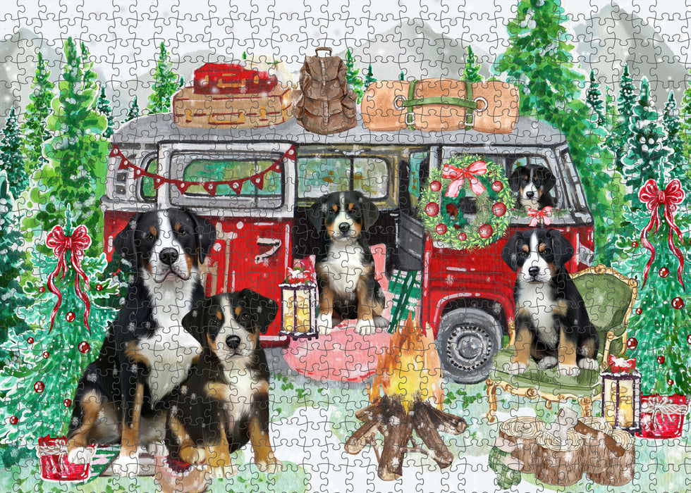 Christmas Time Camping with Greater Swiss Mountain Dogs Portrait Jigsaw Puzzle for Adults Animal Interlocking Puzzle Game Unique Gift for Dog Lover's with Metal Tin Box