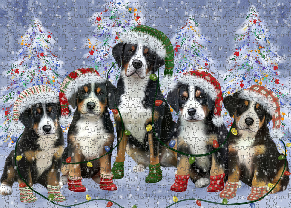 Christmas Lights and Greater Swiss Mountain Dogs Portrait Jigsaw Puzzle for Adults Animal Interlocking Puzzle Game Unique Gift for Dog Lover's with Metal Tin Box