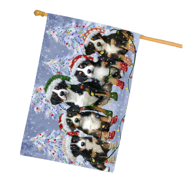 Christmas Lights and Greater Swiss Mountain Dogs House Flag Outdoor Decorative Double Sided Pet Portrait Weather Resistant Premium Quality Animal Printed Home Decorative Flags 100% Polyester