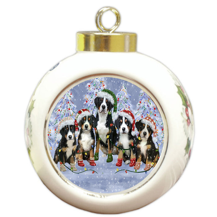 Christmas Lights and Greater Swiss Mountain Dogs Round Ball Christmas Ornament Pet Decorative Hanging Ornaments for Christmas X-mas Tree Decorations - 3" Round Ceramic Ornament