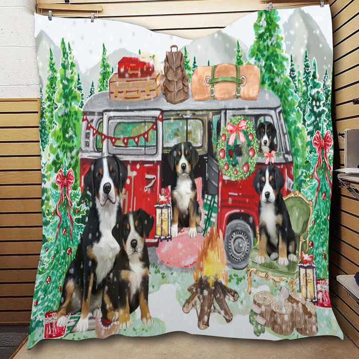 Christmas Time Camping with Greater Swiss Mountain Dogs  Quilt Bed Coverlet Bedspread - Pets Comforter Unique One-side Animal Printing - Soft Lightweight Durable Washable Polyester Quilt