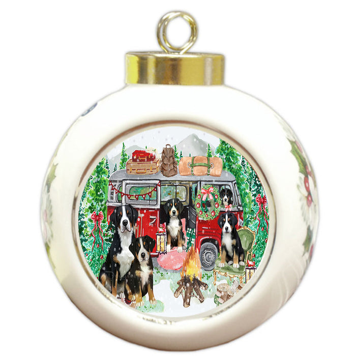 Christmas Time Camping with Greater Swiss Mountain Dogs Round Ball Christmas Ornament Pet Decorative Hanging Ornaments for Christmas X-mas Tree Decorations - 3" Round Ceramic Ornament
