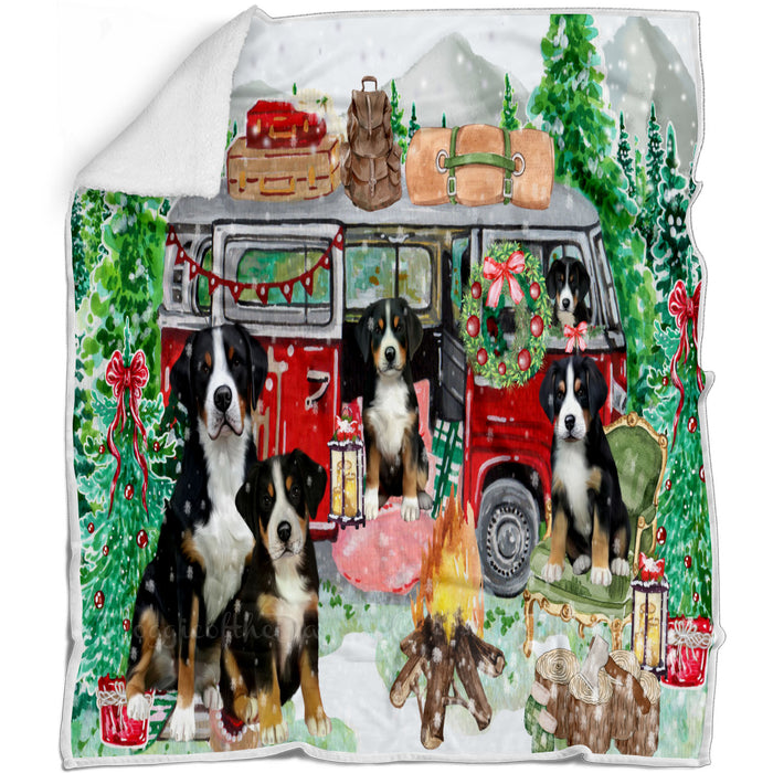 Christmas Time Camping with Greater Swiss Mountain Dogs Blanket - Lightweight Soft Cozy and Durable Bed Blanket - Animal Theme Fuzzy Blanket for Sofa Couch