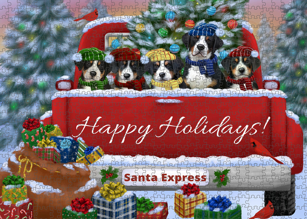 Christmas Red Truck Travlin Home for the Holidays Greater Swiss Mountain Dogs Portrait Jigsaw Puzzle for Adults Animal Interlocking Puzzle Game Unique Gift for Dog Lover's with Metal Tin Box