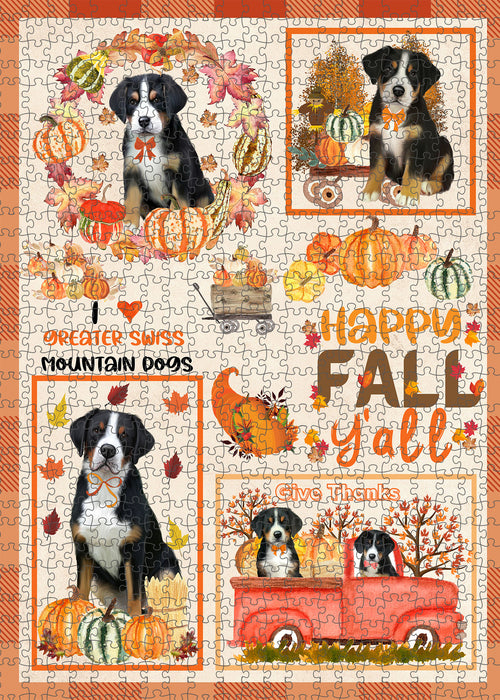 Happy Fall Y'all Pumpkin Greater Swiss Mountain Dogs Portrait Jigsaw Puzzle for Adults Animal Interlocking Puzzle Game Unique Gift for Dog Lover's with Metal Tin Box
