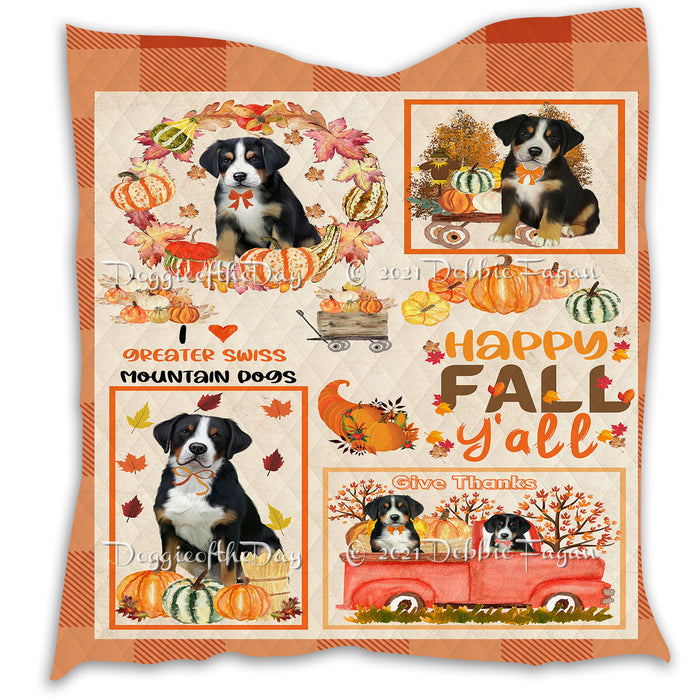 Happy Fall Y'all Pumpkin Greater Swiss Mountain Dogs Quilt Bed Coverlet Bedspread - Pets Comforter Unique One-side Animal Printing - Soft Lightweight Durable Washable Polyester Quilt
