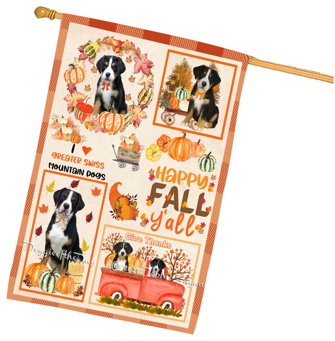 Happy Fall Y'all Pumpkin Greater Swiss Mountain Dogs House Flag Outdoor Decorative Double Sided Pet Portrait Weather Resistant Premium Quality Animal Printed Home Decorative Flags 100% Polyester