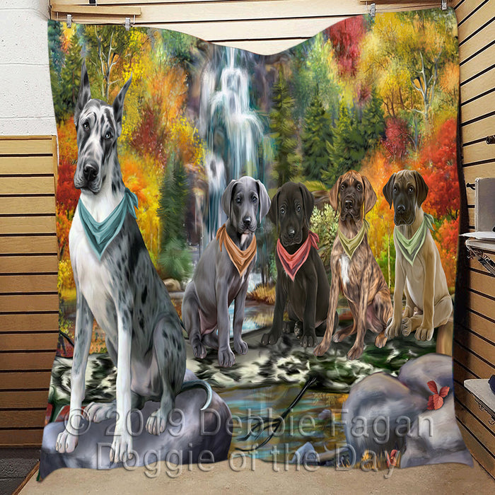 Scenic Waterfall Great Dane Dogs Quilt