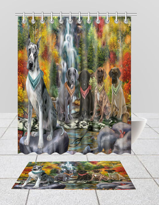 Scenic Waterfall Great Dane Dogs Bath Mat and Shower Curtain Combo