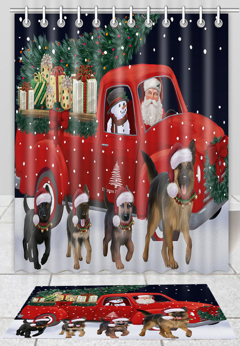Christmas Express Delivery Red Truck Running German Shepherd Dogs Bath Mat and Shower Curtain Combo