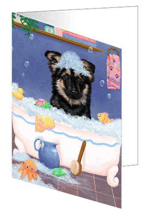 Rub A Dub Dog In A Tub German Shepherd Dog Handmade Artwork Assorted Pets Greeting Cards and Note Cards with Envelopes for All Occasions and Holiday Seasons GCD79421
