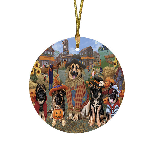 Halloween 'Round Town And Fall Pumpkin Scarecrow Both German Shepherd Dogs Round Flat Christmas Ornament RFPOR57400