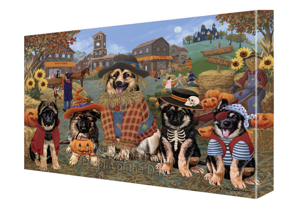 Halloween 'Round Town And Fall Pumpkin Scarecrow Both German Shepherd Dogs Canvas Print Wall Art Décor CVS139553