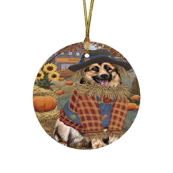 Halloween 'Round Town And Fall Pumpkin Scarecrow Both German Shepherd Dogs Round Flat Christmas Ornament RFPOR57462