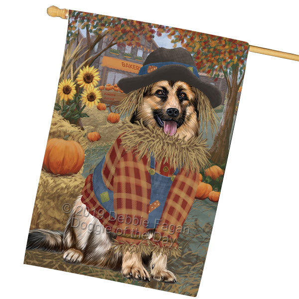 Halloween 'Round Town And Fall Pumpkin Scarecrow Both German Shepherd Dogs House Flag FLG65714