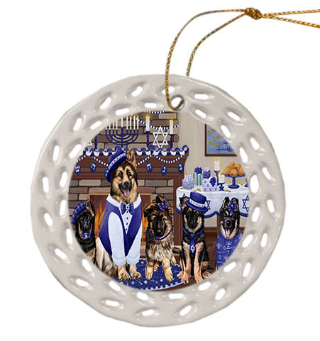 Happy Hanukkah Family German Shepherd Dogs Ceramic Doily Ornament DPOR57619