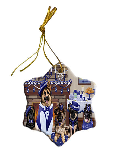 Happy Hanukkah Family German Shepherd Dogs Star Porcelain Ornament SPOR57619
