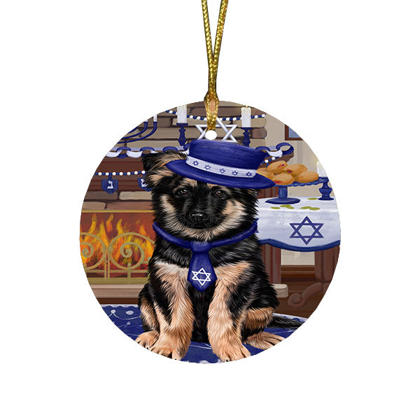 Happy Hanukkah Family and Happy Hanukkah Both German Shepherd Dog Round Flat Christmas Ornament RFPOR57579