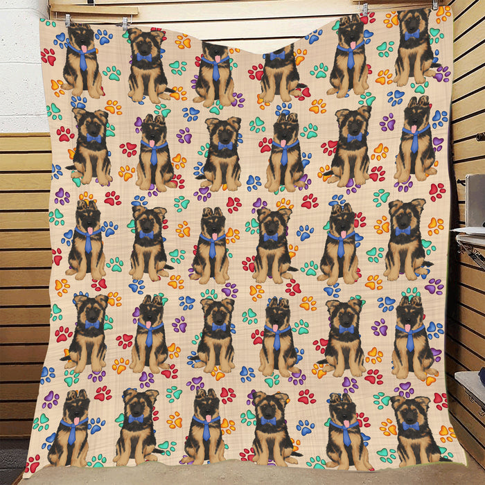 Rainbow Paw Print German Shepherd Dogs Blue Quilt