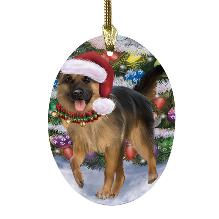 Trotting in the Snow German Shepher Dog Oval Glass Christmas Ornament OGOR49443