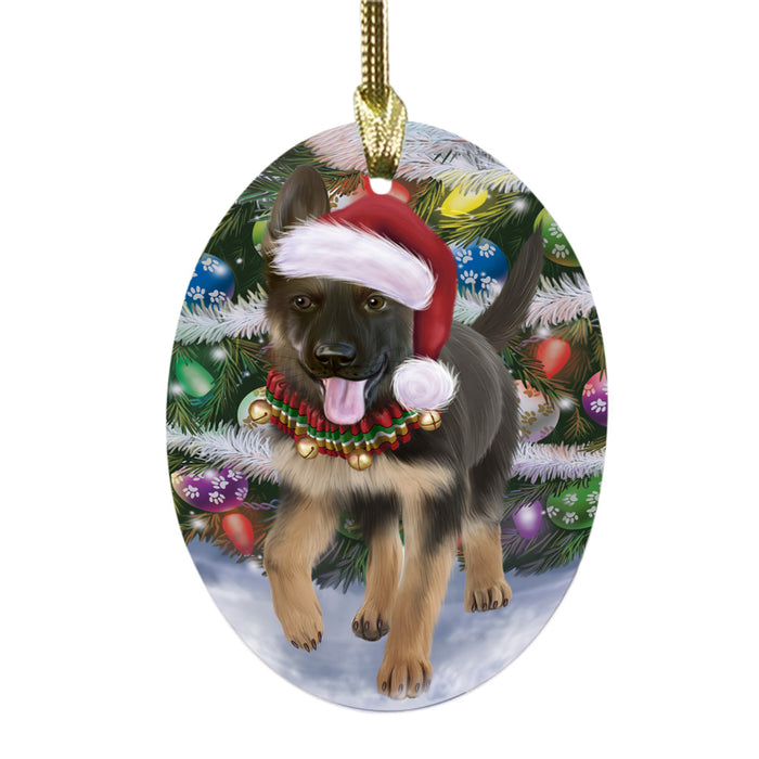 Trotting in the Snow German Shepher Dog Oval Glass Christmas Ornament OGOR49445