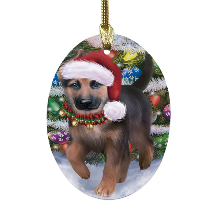 Trotting in the Snow German Shepher Dog Oval Glass Christmas Ornament OGOR49446