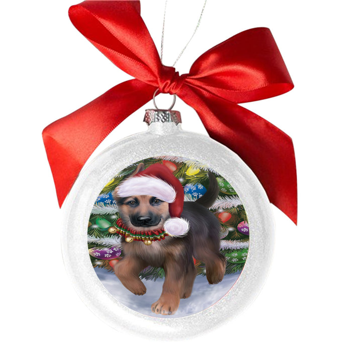Trotting in the Snow German Shepher Dog White Round Ball Christmas Ornament WBSOR49446