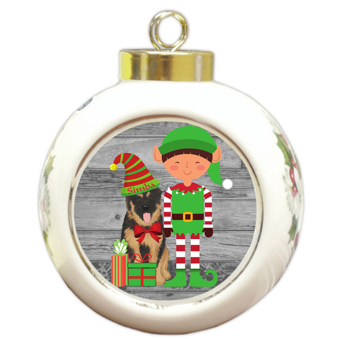 Custom Personalized German Shepherd Dog Elfie and Presents Christmas Round Ball Ornament