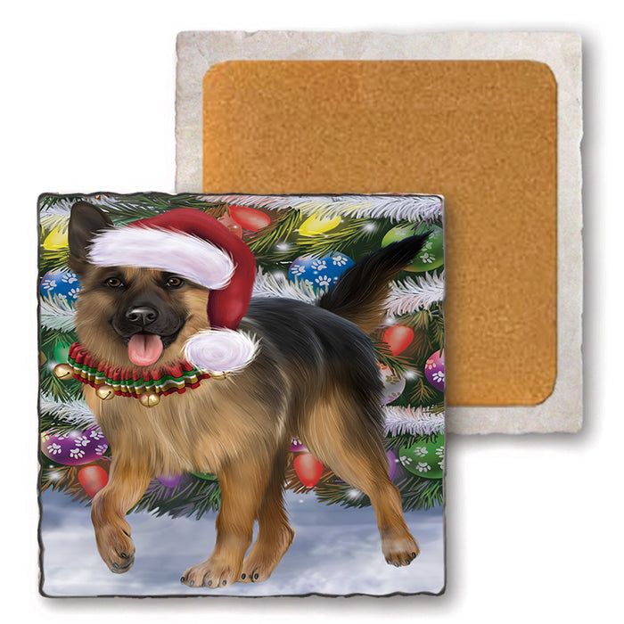 Trotting in the Snow German Shepher Dog Set of 4 Natural Stone Marble Tile Coasters MCST49577
