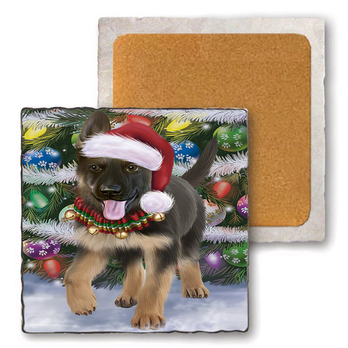 Trotting in the Snow German Shepher Dog Set of 4 Natural Stone Marble Tile Coasters MCST49579