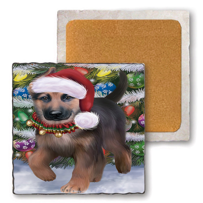 Trotting in the Snow German Shepher Dog Set of 4 Natural Stone Marble Tile Coasters MCST49580