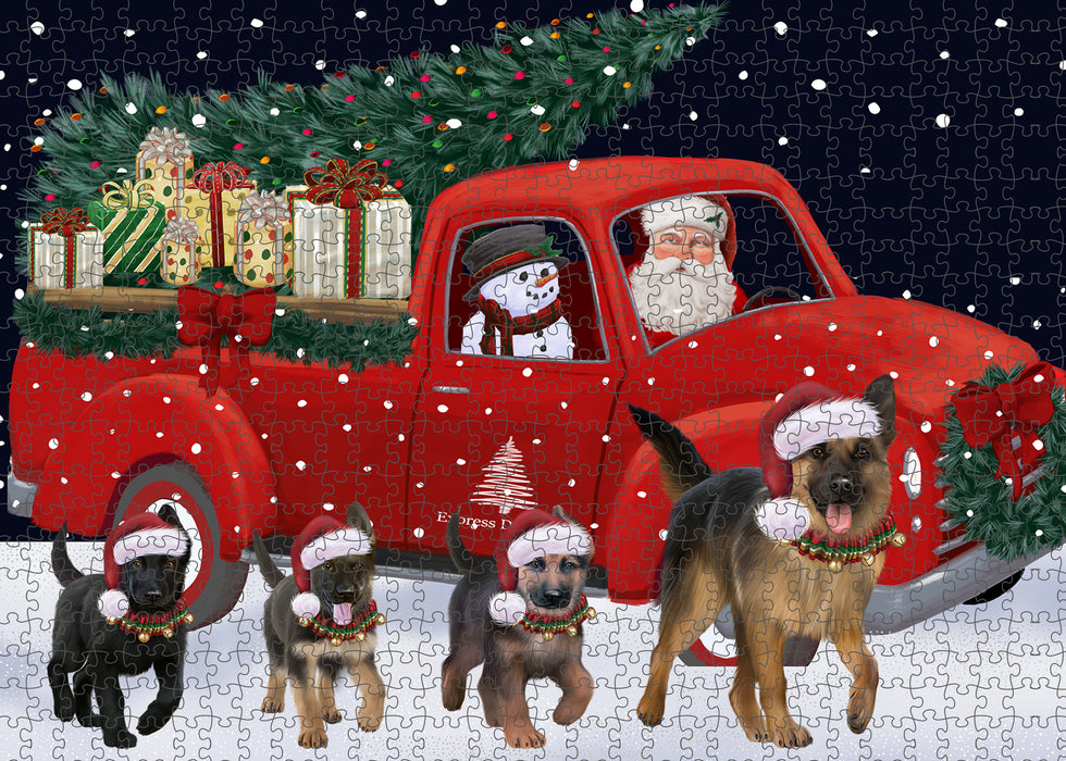 Christmas Express Delivery Red Truck Running German Shepherd Dogs Puzzle with Photo Tin PUZL99704