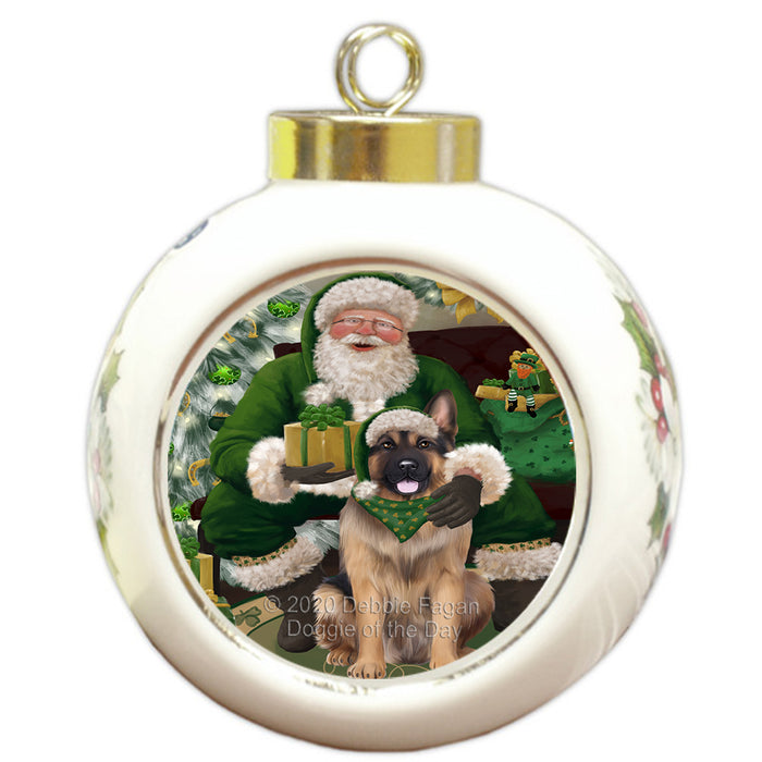 Christmas Irish Santa with Gift and German Shepherd Dog Round Ball Christmas Ornament RBPOR57927