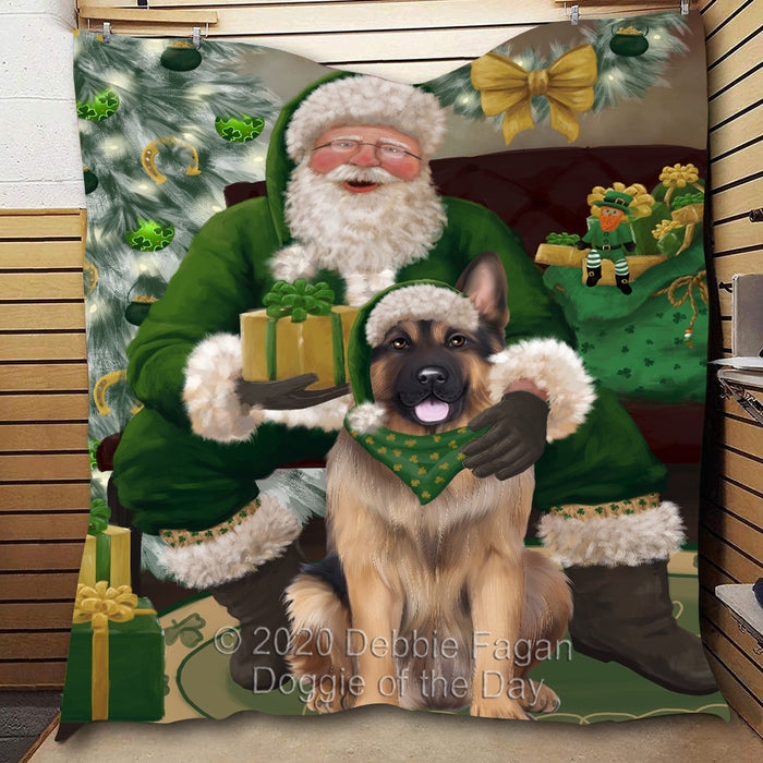 Christmas Irish Santa with Gift and German Shepherd Dog Quilt Bed Coverlet Bedspread - Pets Comforter Unique One-side Animal Printing - Soft Lightweight Durable Washable Polyester Quilt